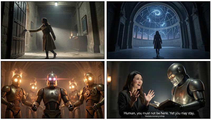 4-panel sci-fi comic sequence showing a woman exploring a stone castle and encountering glowing-e...