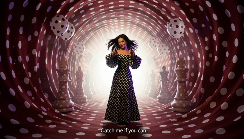 Smiling woman in polka dot gown points at viewer, inside a surreal polka dot tunnel with chess pi...