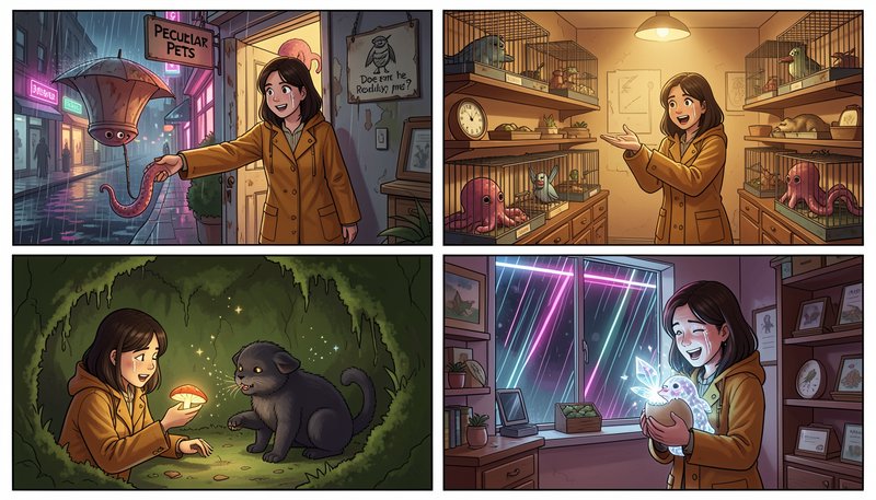 Four panel whimsical comic of a woman exploring a magical peculiar pet shop and meeting friendly ...