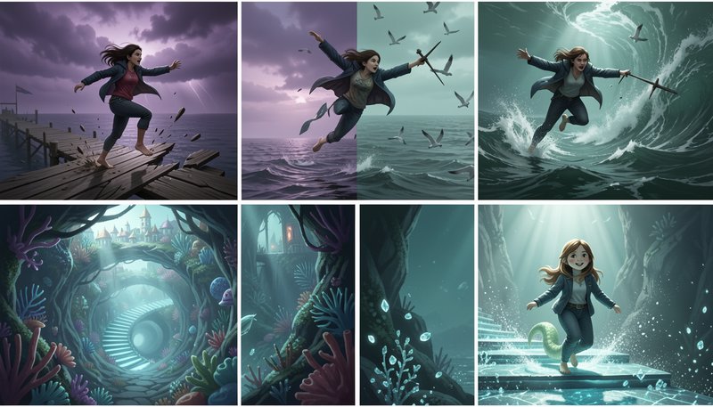 6-panel sequential fantasy illustration showing a woman's magical journey from a stormy pier to a...