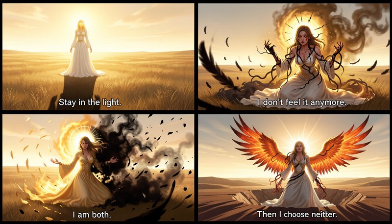 4-panel fantasy "stay in the light" meme tracking a celestial goddess transforming from light ent...