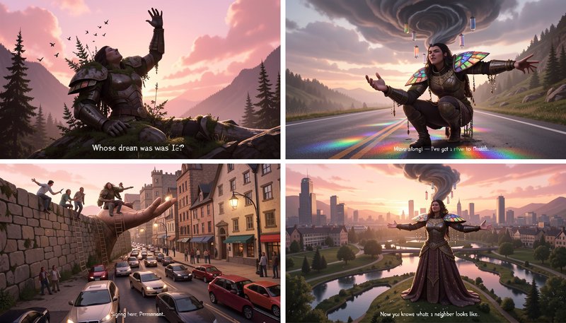 Four-panel surreal fantasy art grid of giant armored knight characters in whimsical sunset landsc...