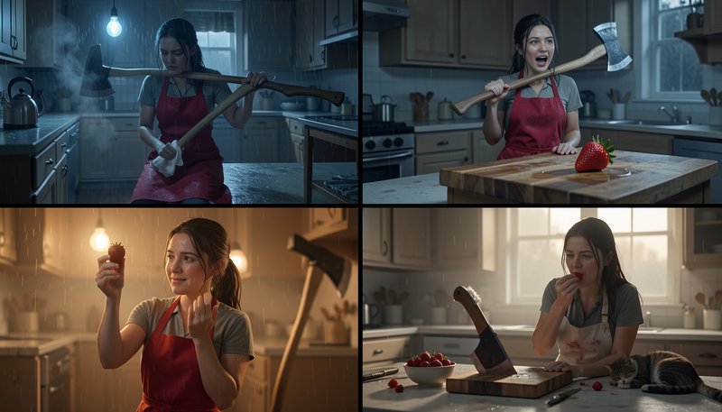 4-panel comedic illustration showing a woman using an axe to prepare a giant strawberry in a home...