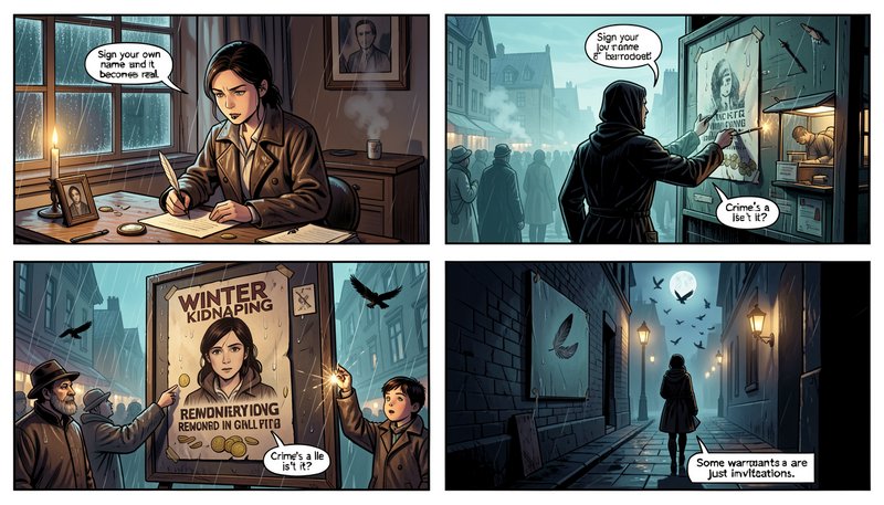 4-panel dark fantasy comic following a magical signature plot across rainy indoor and foggy cobbl...