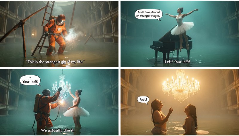 4-panel uncanny AI comic showing an astronaut and ballerina in a flooded sunken opera house with ...