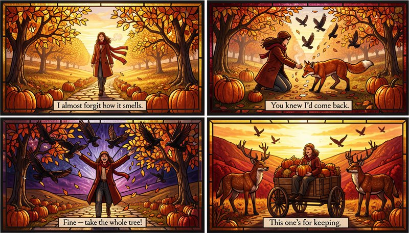 4-panel stained glass style comic of a woman exploring a magical autumn pumpkin orchard, interact...