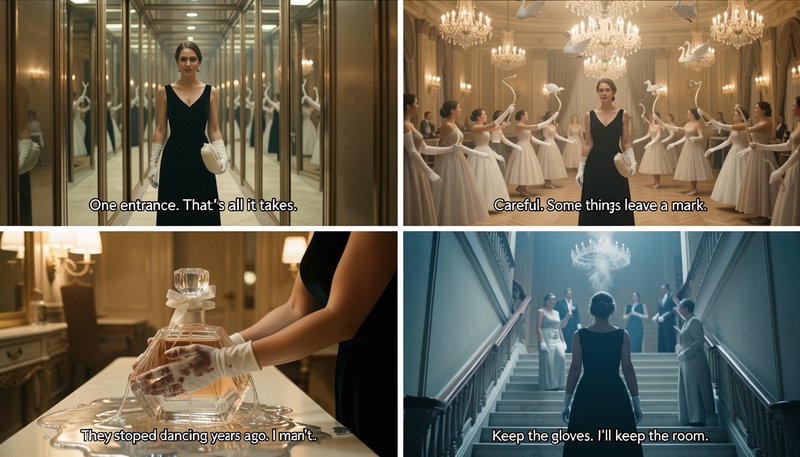 4-panel surreal viral meme of an elegant woman in a black evening gown across luxury mansion scen...