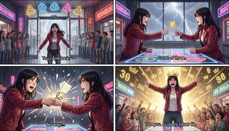 4-panel anime comic showing a woman winning a rock-paper-scissors tournament inside a neon arcade during a rainy