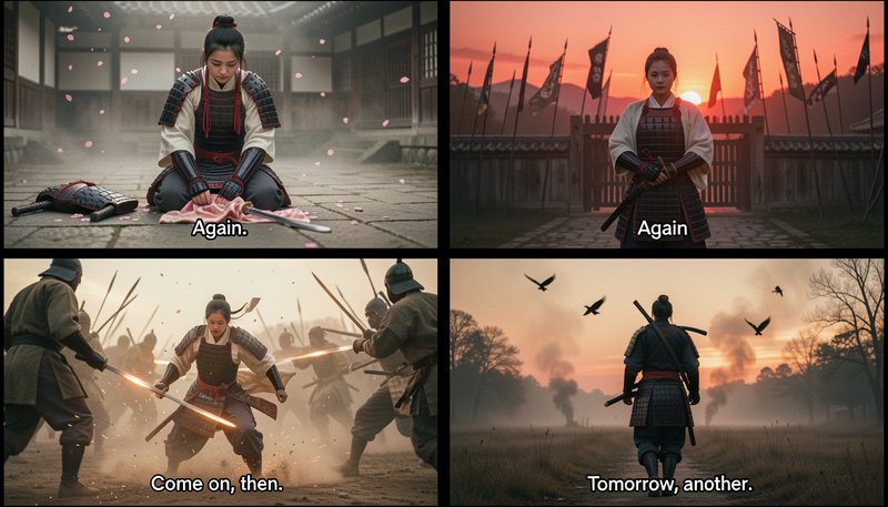 4-panel cinematic meme comic following a stoic female samurai through discipline, battle, and relentless "again" themed