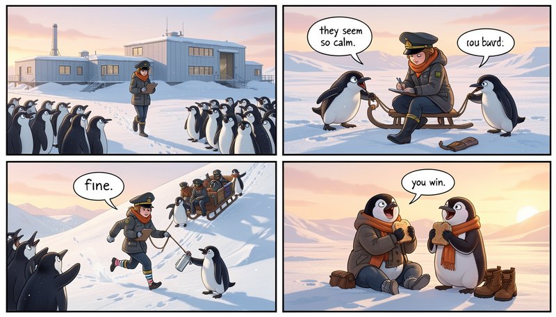 Four panel funny comic following an Antarctic researcher outsmarted by crafty mischievous penguin...