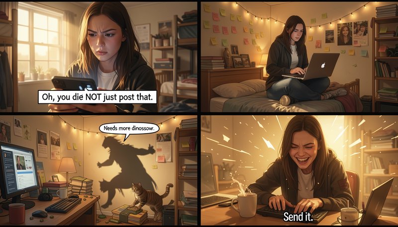 Four panel funny meme comic of a college girl deciding to post absurd edited social media content