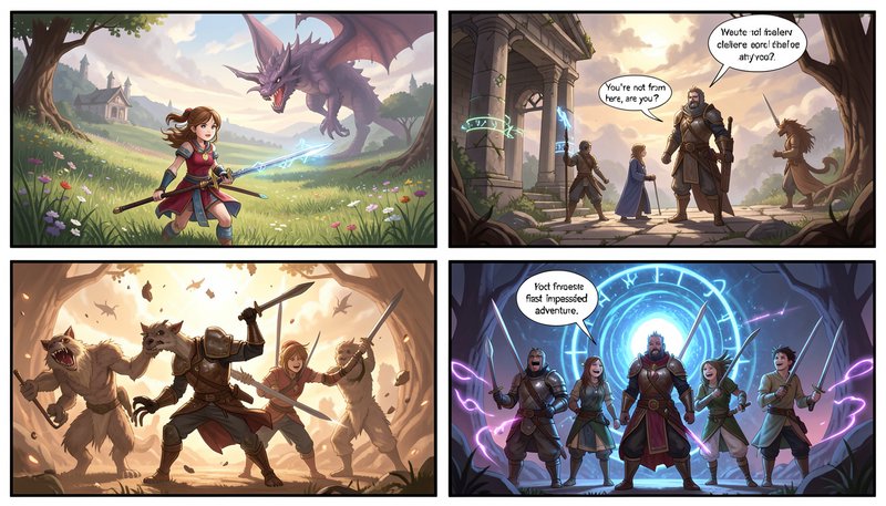 Four panel fantasy RPG comic showing a heroine facing a dragon, adventurer dialogue, battle, and ...