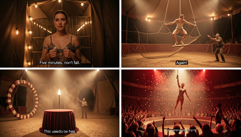 Four panel grid of AI generated vintage circus trapeze scenes featuring garbled nonsensical subti...