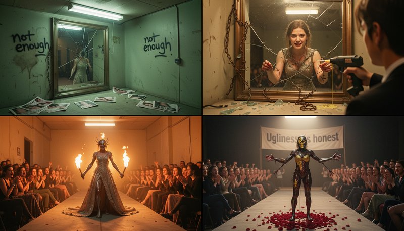 Four panel surreal narrative art showing a woman's transformation from self criticism to radical ...