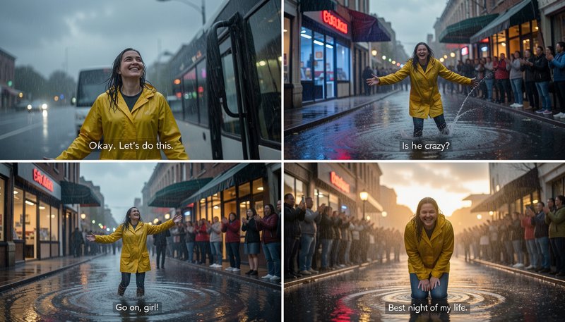 Four panel meme of a joyful woman in a yellow raincoat celebrating in a flooded downtown street d...