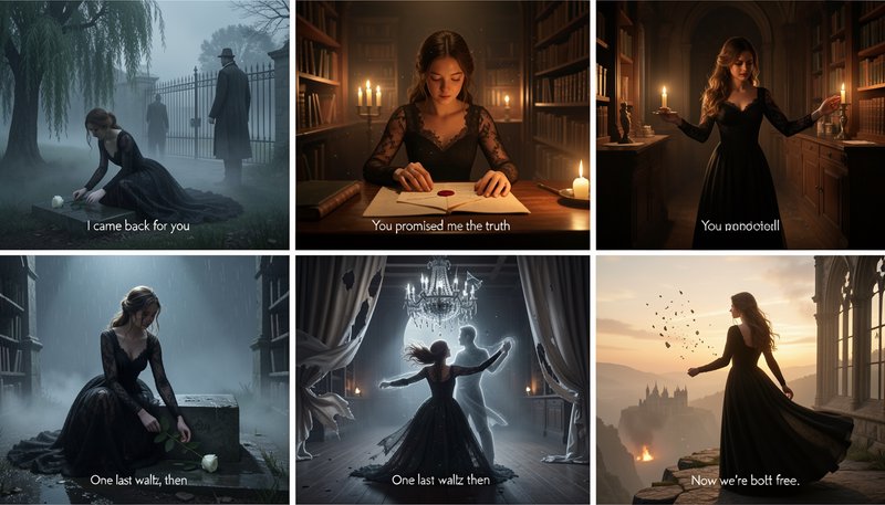 Six-panel gothic storyboard following a mourning woman and her departed ghost lover across narrat...