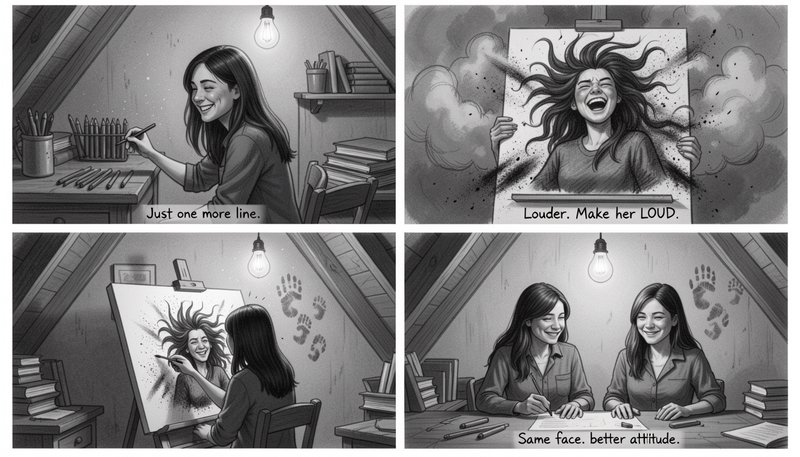 Four panel grayscale comic depicting a silly meta joke of an artist's self portrait coming to lif...