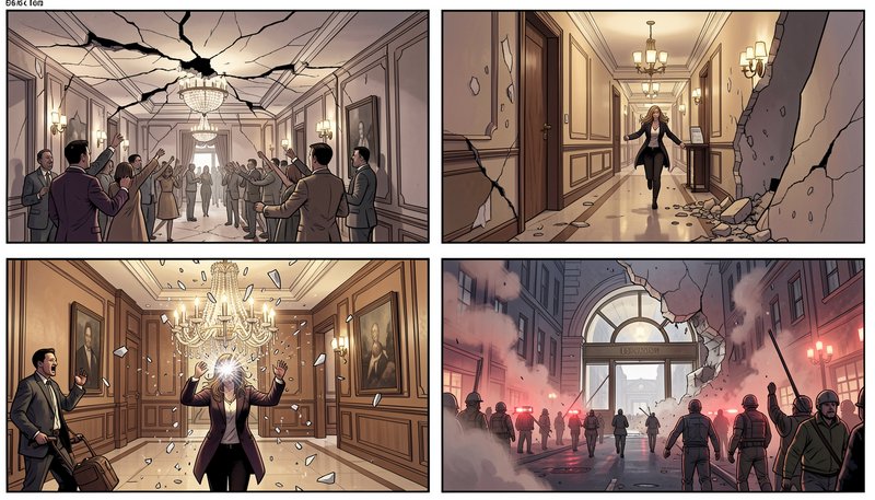 Four panel sequential comic showing a superhuman woman causing a grand government building to cru...