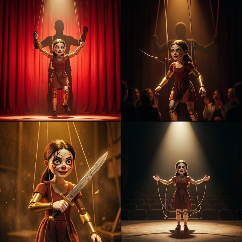 Four panel sequence showing a creepy marionette puppet breaking free from its puppeteer on a theater stage