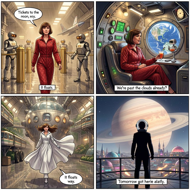 Four panel retro-futuristic sci-fi comic following a woman on an interplanetary space journey