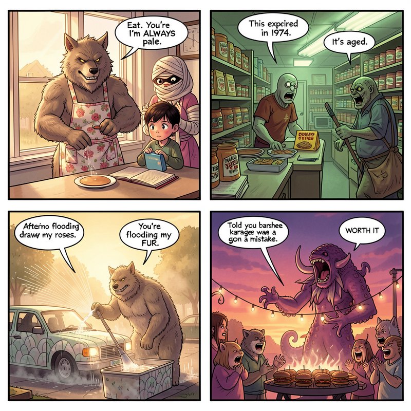 Four panel silly comic showing a household of spooky monster roommates in absurd everyday scenarios