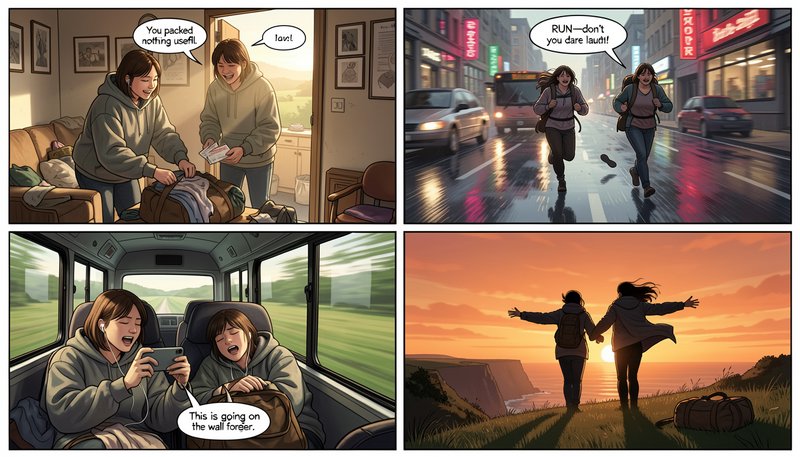 Four panel comic following two best friends on a chaotic joyful spontaneous road trip adventure