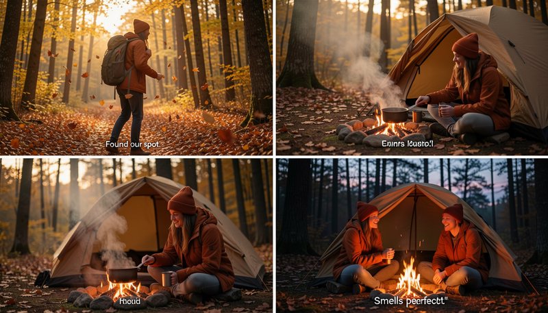 Four panel sequence showing a fall camping trip progression from hiking in to relaxing at a dusk ...