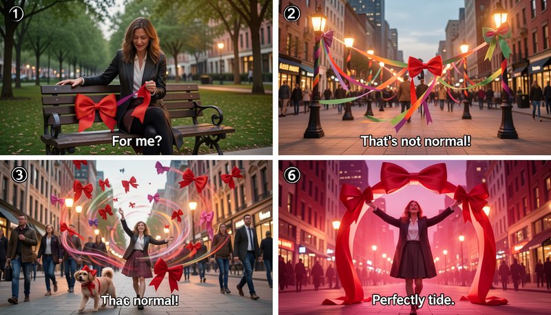 Four-panel AI generated meme comic showing absurd giant gift bows taking over a city street