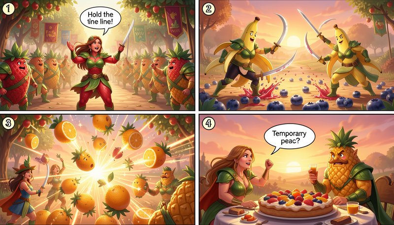 Four panel humorous fantasy comic following anthropomorphic fruit warriors through a war arc with...