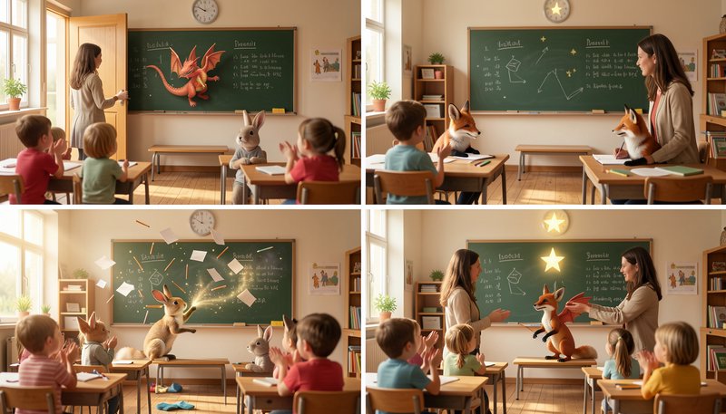 Four panel storyboard of a sunny elementary classroom with magical anthropomorphic animal visitor...