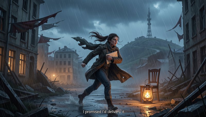 Determined woman runs through rain-soaked ruined city holding an envelope during a heavy storm