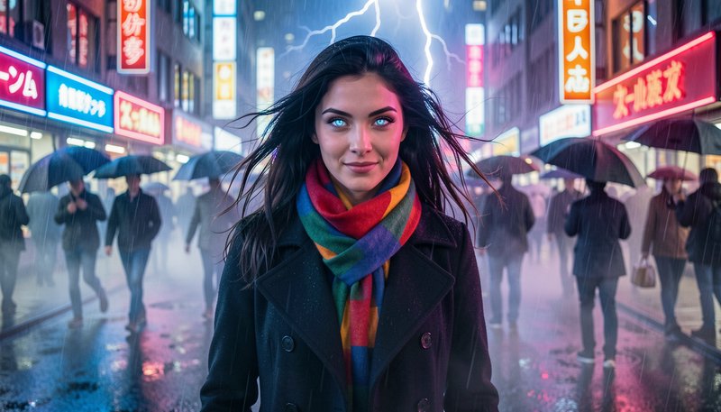 Woman with glowing blue eyes stands in a rainy neon-lit Tokyo street during a lightning storm