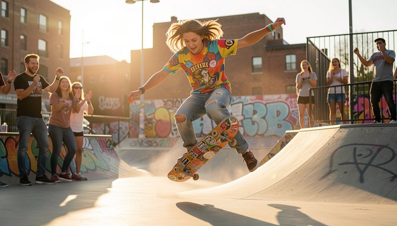 Young skater catches air off a skate park ramp as cheering onlookers watch during golden hour sunset