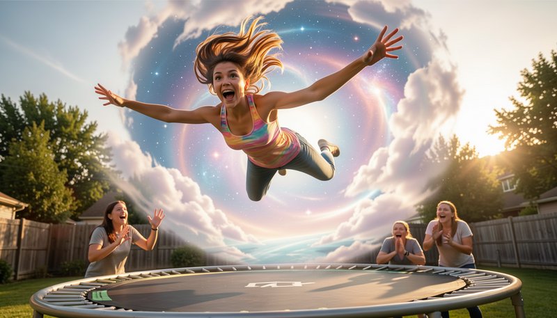 Joyful woman leaps high above a backyard trampoline as friends cheer beneath a glowing swirling cosmic sky