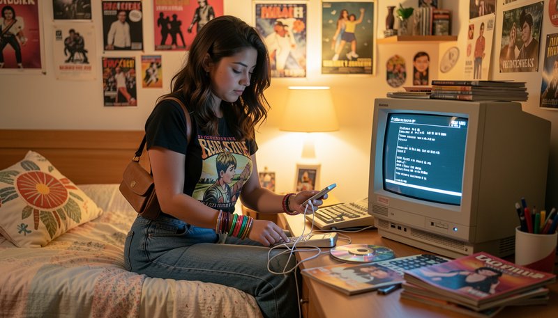 Young woman sits on a retro 90s bedroom bed using wired electronics next to a vintage CRT desktop