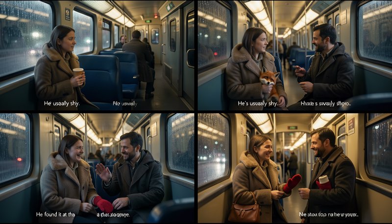 Four panel AI glitch comic showing a couple interacting on a rainy subway with surreal shifting s...