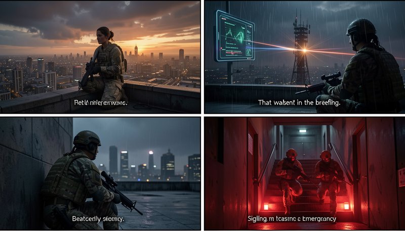 Four panel AI generated tactical military meme grid showing operatives on urban missions with gar...