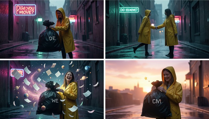 Four panel surreal AI meme showing a woman in a yellow raincoat in a rainy city alley across sequ...