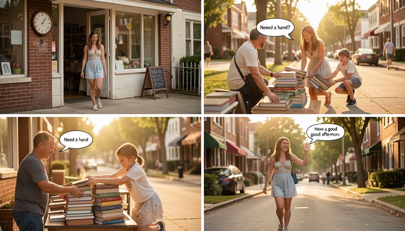 4-panel AI comic showing a woman leaving a bookstore as neighbors help carry books with misspelle...