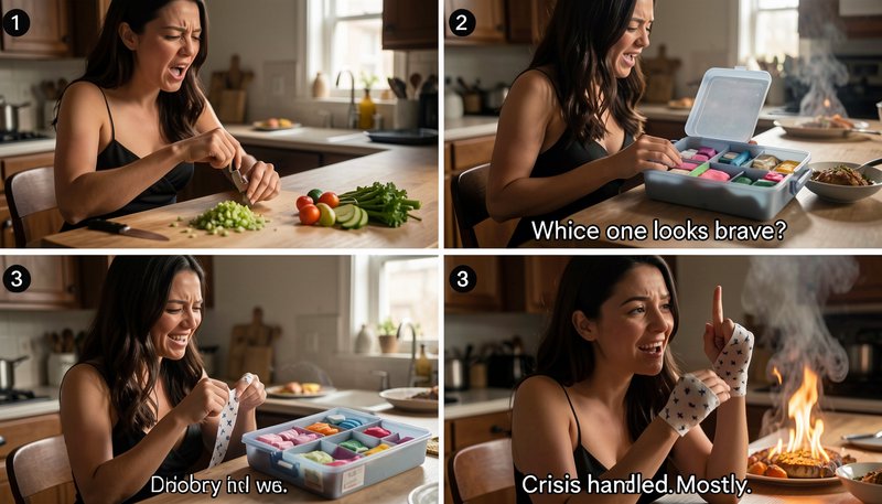 Four panel AI generated meme showing a woman navigating escalating absurd kitchen mishaps