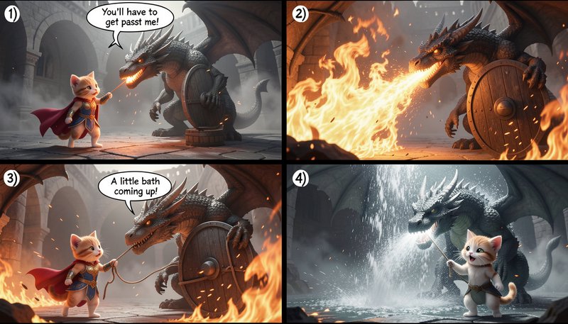 Four panel funny fantasy comic of a tiny knight kitten outsmarting a fire-breathing dragon inside...