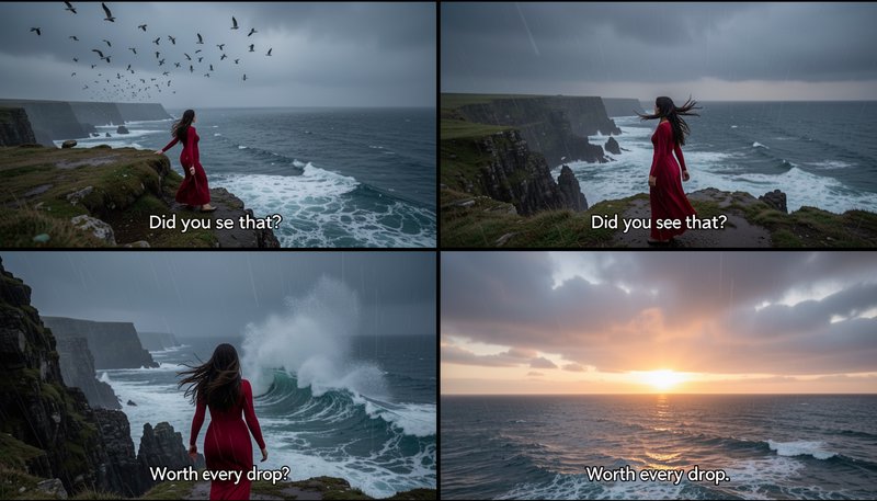 Four panel sequence of a woman in a red dress watching stormy coastal cliffs shift to a golden ra...