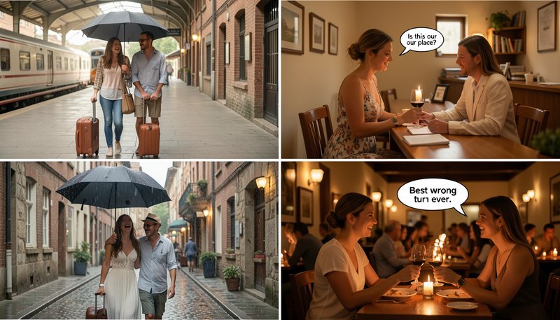 Four panel funny comic showing a couple's unexpected romantic rainy vacation travel journey