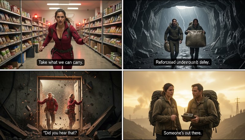 Four panel post-apocalyptic survival story grid with cinematic scenes and AI generated subtitle d...