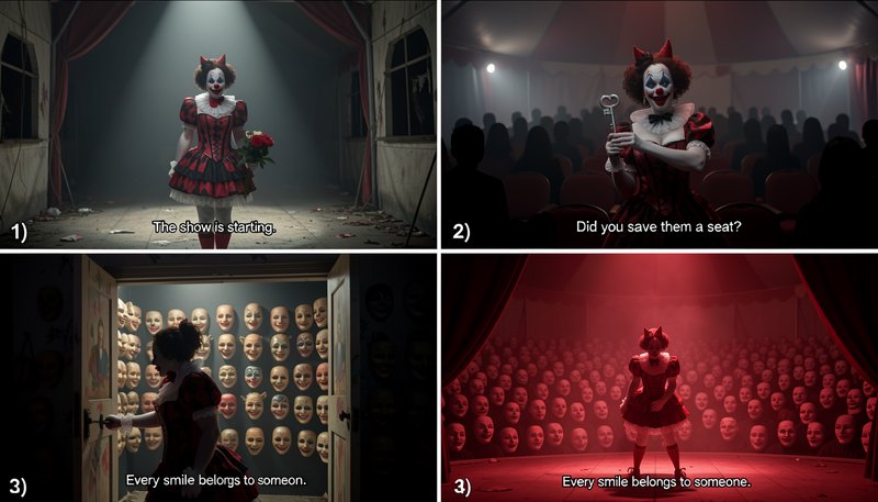 Four panel horror sequence of a sinister female clown in an unsettling decaying circus setting.