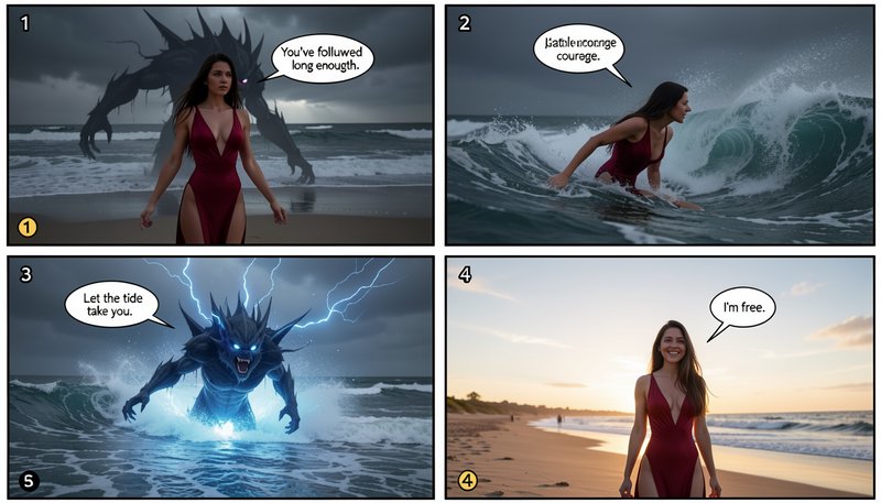 Four panel fantasy comic showing a woman escaping a storm sea monster to find freedom on a sunris...