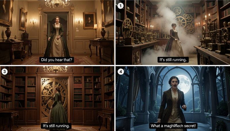 Four panel Victorian comic following a woman who discovers a hidden steampunk secret clockwork ro...