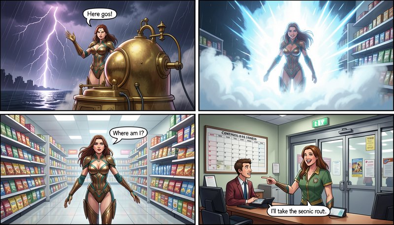 Four panel webcomic of an armored fantasy heroine accidentally teleporting from a thunderstorm to...