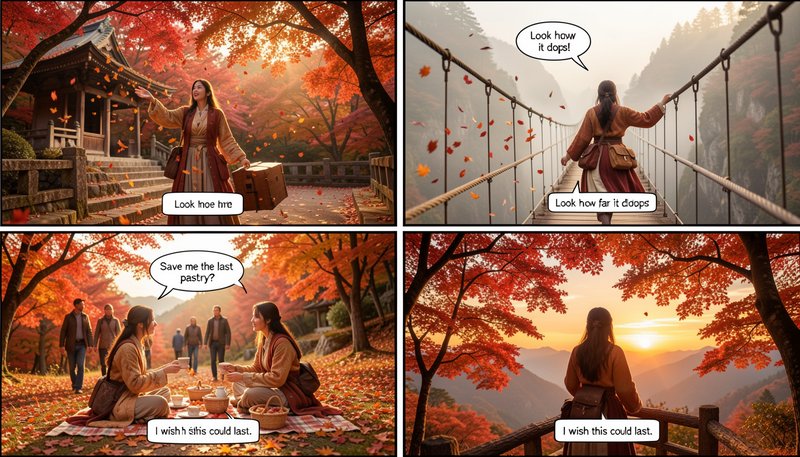Four-panel AI generated comic following a traveler through a vibrant autumn Japanese mountain lan...