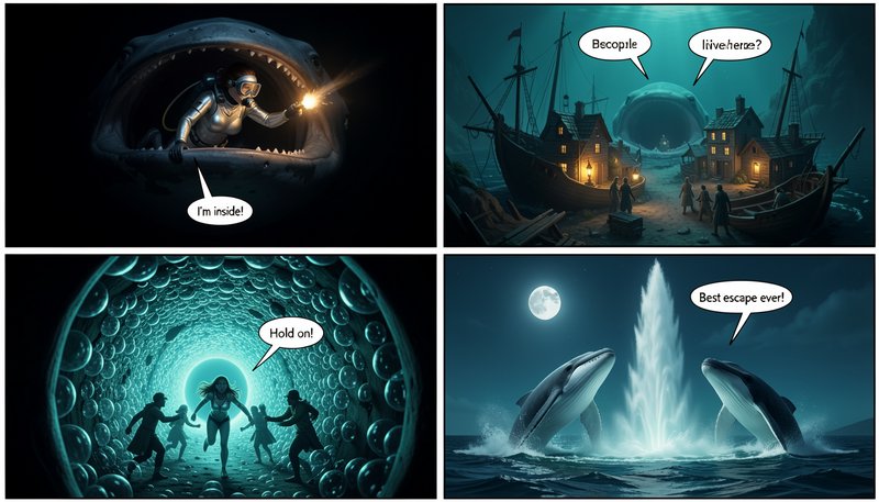 Four panel absurd fantasy comic following a diver who explores a giant whale, discovers an unders...